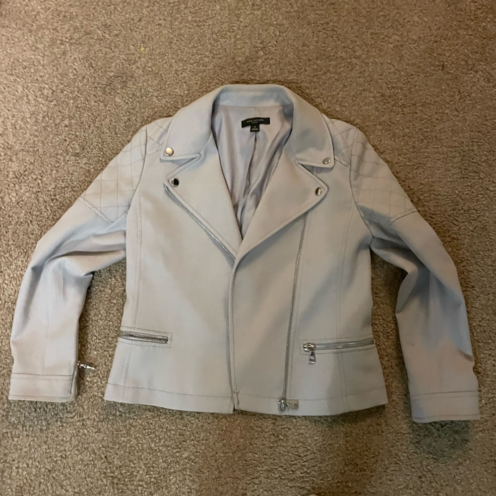 Grey moto jacket with zippered pockets